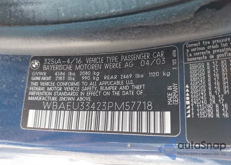 2003 BMW 325Xi из США, поврежденный, VIN WBAEU33423PM57718